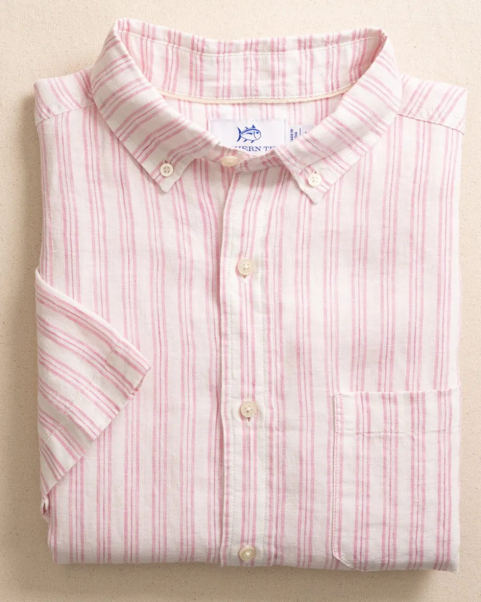 Crepe Myrtle Striped Linen Short Sleeve Sport Shirt
